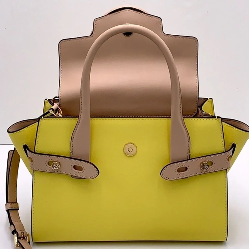 MICHAEL KORS Carmen Medium Color-Block Faux Saffiano Leather Belted Satchel